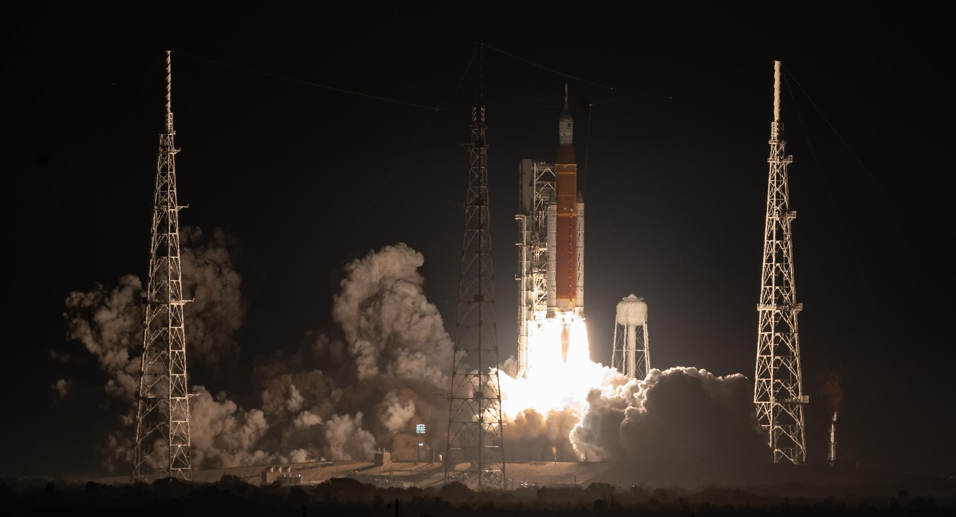 SLS launches Orion from Kennedy Space Center during Artemis I in November 2022; archival photograph.