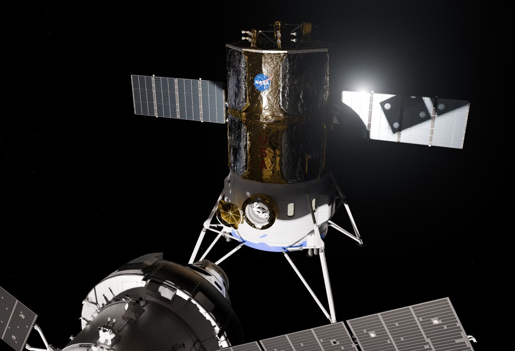 Artist’s concept of the Blue Moon Mark 2 test article docked with Orion in Earth orbit.