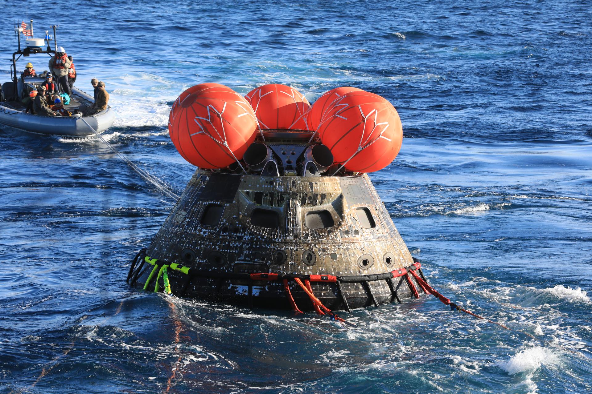 Orion during recovery operations after the Artemis I Pacific splashdown in December 2022; archival photograph.