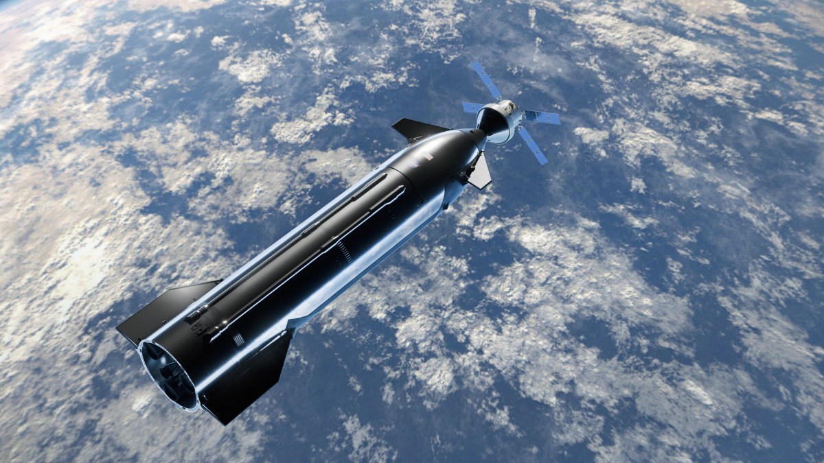 Artist’s concept of the Starship test article and Orion preparing to dock in Earth orbit.